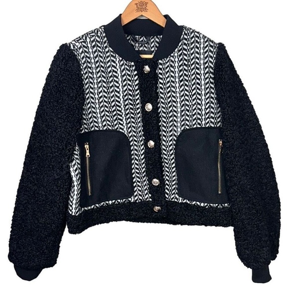 7 FOR ALL MANKIND Black and White Mixed Media Tweed Sherpa Jacket Large - Picture 4 of 7